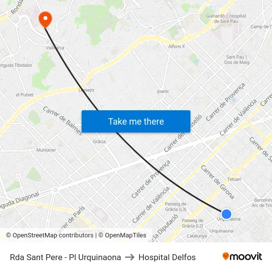 Rda Sant Pere - Pl Urquinaona to Hospital Delfos map