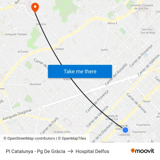 Pl Catalunya - Pg  De Gràcia to Hospital Delfos map