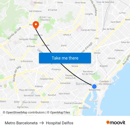 Metro Barceloneta to Hospital Delfos map