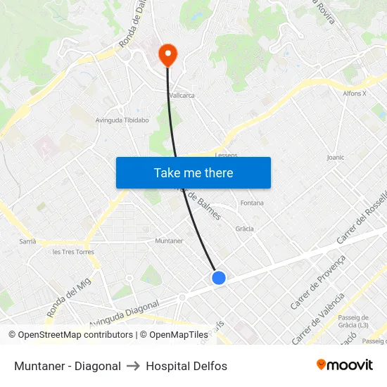 Muntaner - Diagonal to Hospital Delfos map