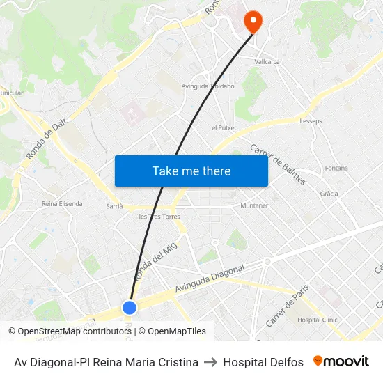 Av Diagonal-Pl Reina Maria Cristina to Hospital Delfos map