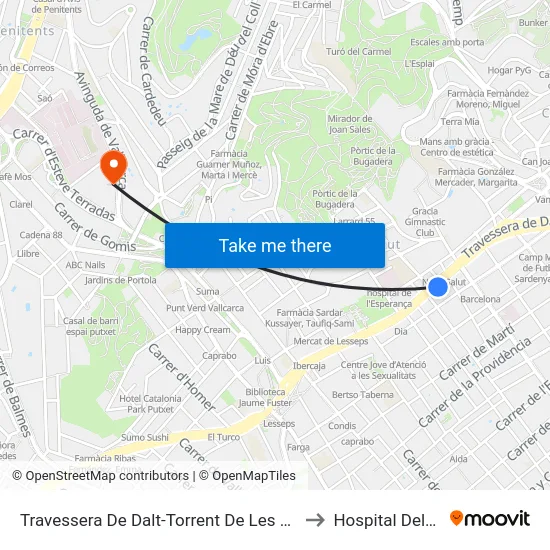 Travessera De Dalt-Torrent De Les Flors to Hospital Delfos map