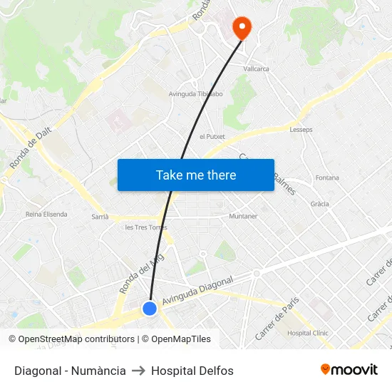Diagonal - Numància to Hospital Delfos map