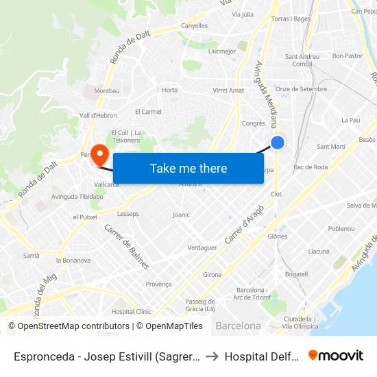 Espronceda - Josep Estivill (Sagrera) to Hospital Delfos map