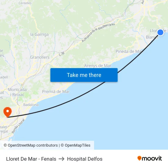 Lloret De Mar - Fenals to Hospital Delfos map