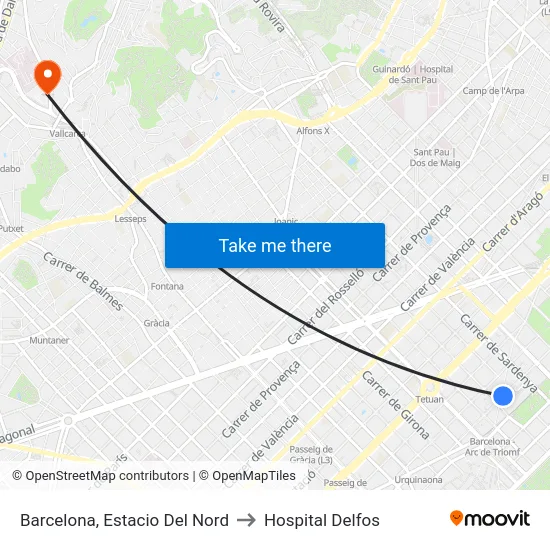 Barcelona, Estacio Del Nord to Hospital Delfos map