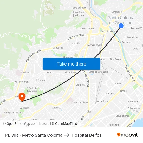 Pl. Vila - Metro Santa Coloma to Hospital Delfos map
