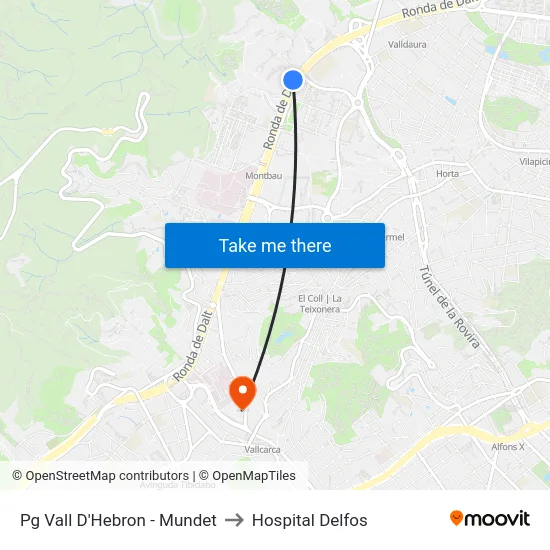 Pg Vall D'Hebron - Mundet to Hospital Delfos map