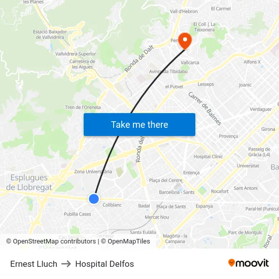 Ernest Lluch to Hospital Delfos map