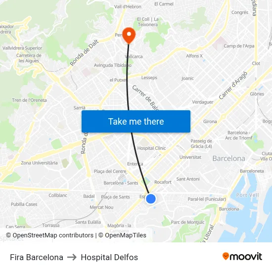 Fira Barcelona to Hospital Delfos map