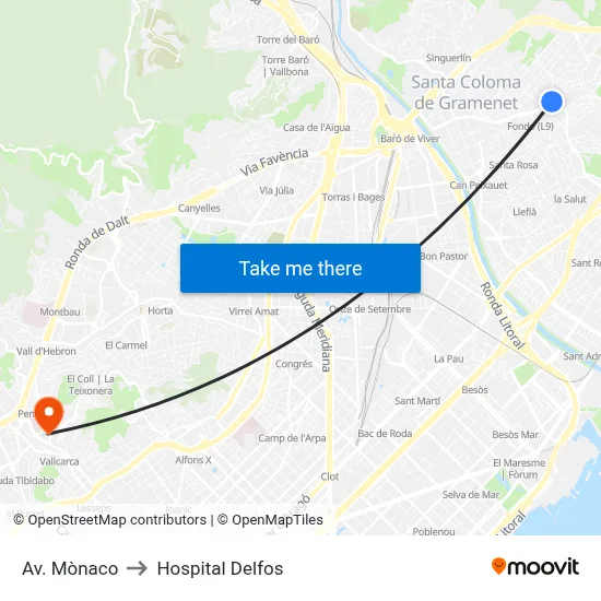 Av. Mònaco to Hospital Delfos map