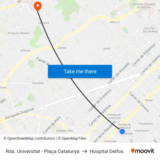 Rda. Universitat - Plaça Catalunya to Hospital Delfos map