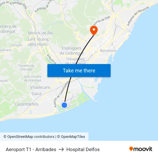 Aeroport T1 - Arribades to Hospital Delfos map