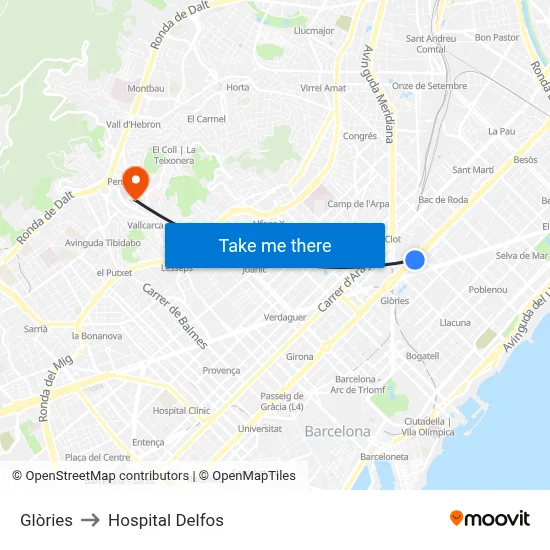 Glòries to Hospital Delfos map