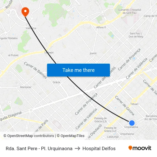 Rda. Sant Pere - Pl. Urquinaona to Hospital Delfos map