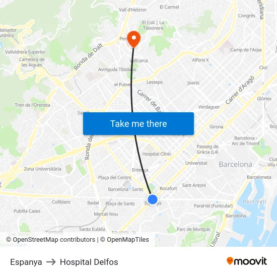 Espanya to Hospital Delfos map