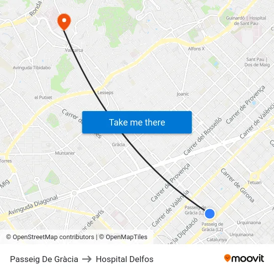 Passeig De Gràcia to Hospital Delfos map