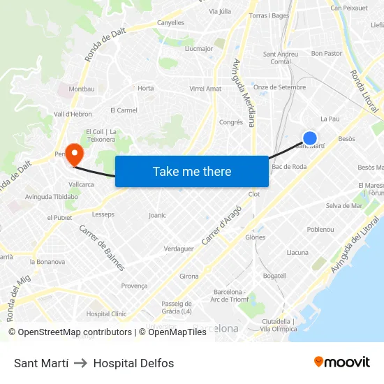 Sant Martí to Hospital Delfos map