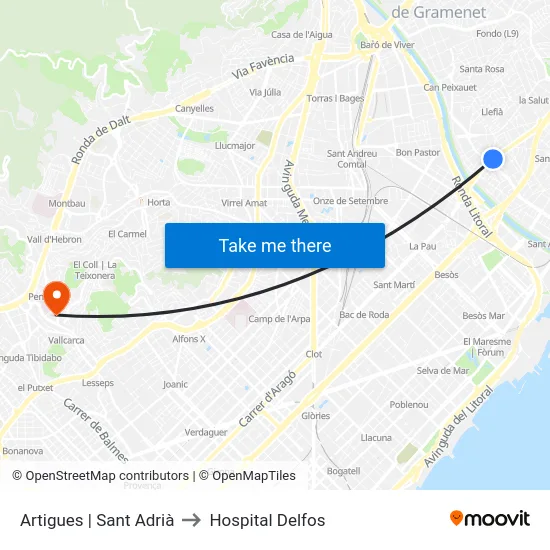 Artigues | Sant Adrià to Hospital Delfos map