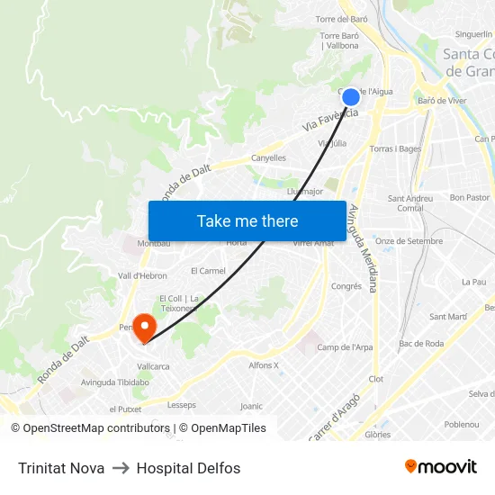 Trinitat Nova to Hospital Delfos map