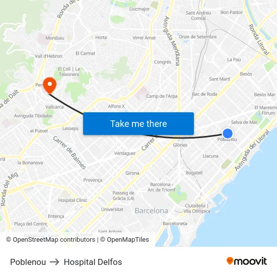 Poblenou to Hospital Delfos map