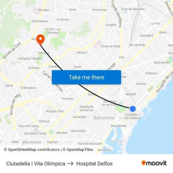 Ciutadella | Vila Olímpica to Hospital Delfos map