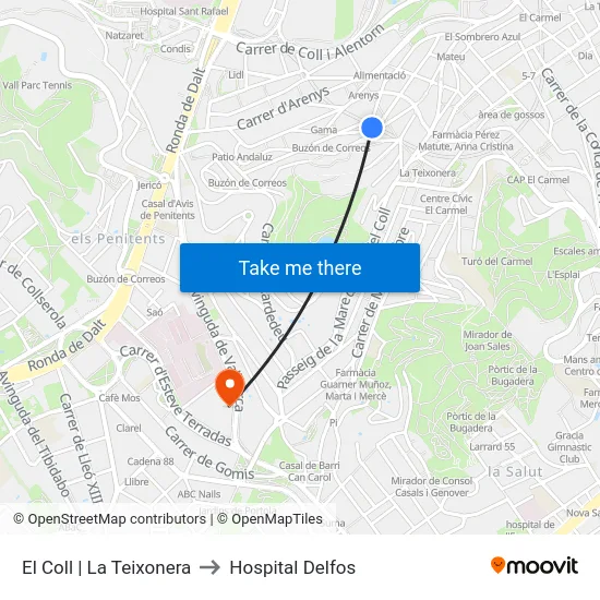 El Coll | La Teixonera to Hospital Delfos map