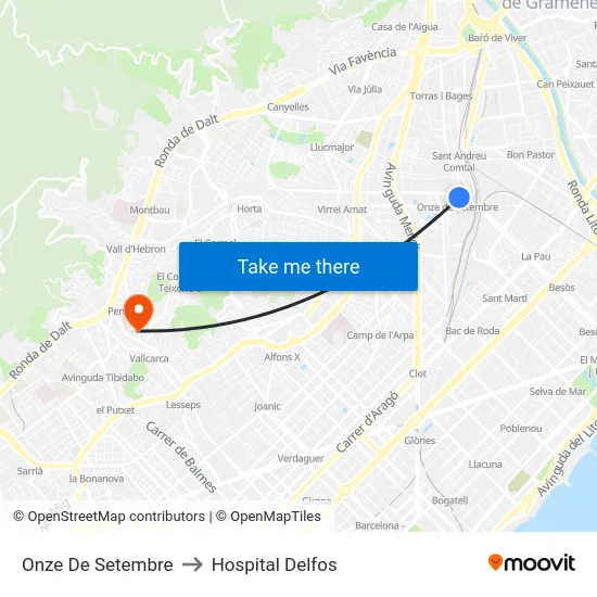 Onze De Setembre to Hospital Delfos map