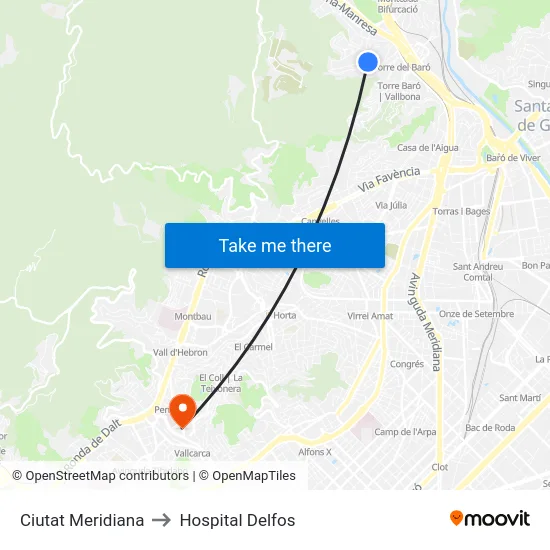 Ciutat Meridiana to Hospital Delfos map