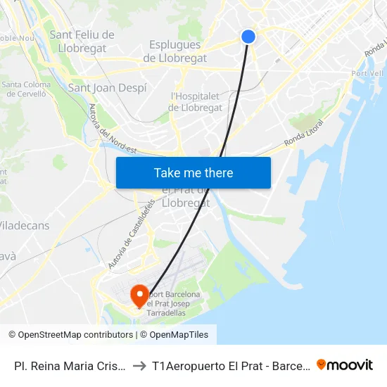 Pl. Reina Maria Cristina to T1Aeropuerto El Prat - Barcelona map