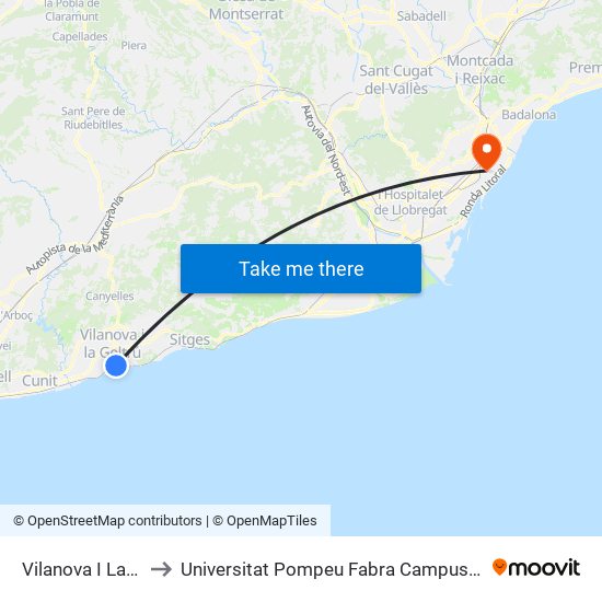 Vilanova I La Geltrú to Universitat Pompeu Fabra Campus Del Poblenou map