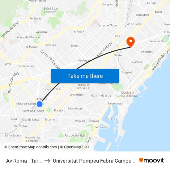 Av Roma - Tarragona to Universitat Pompeu Fabra Campus Del Poblenou map