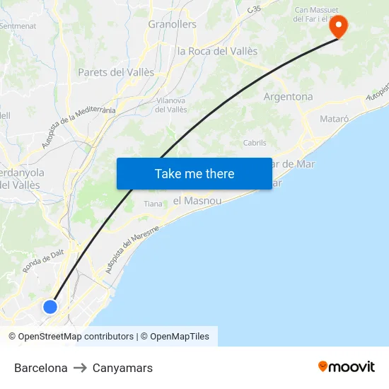 Barcelona to Canyamars map