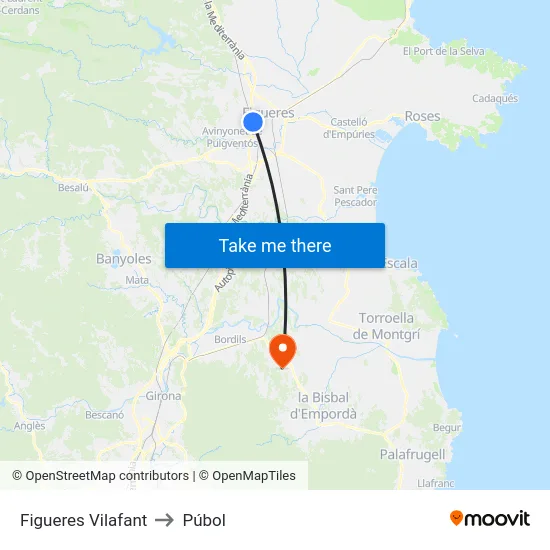 Figueres Vilafant to Púbol map