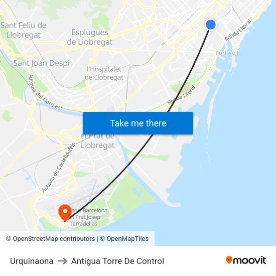 Urquinaona to Antigua Torre De Control map
