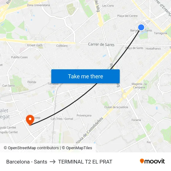 Barcelona - Sants to TERMINAL T2 EL PRAT map