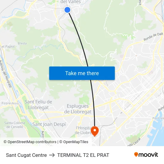 Sant Cugat Centre to TERMINAL T2 EL PRAT map