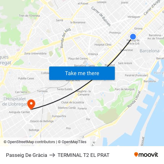 Passeig De Gràcia to TERMINAL T2 EL PRAT map