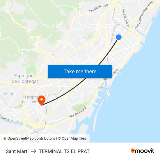 Sant Martí to TERMINAL T2 EL PRAT map