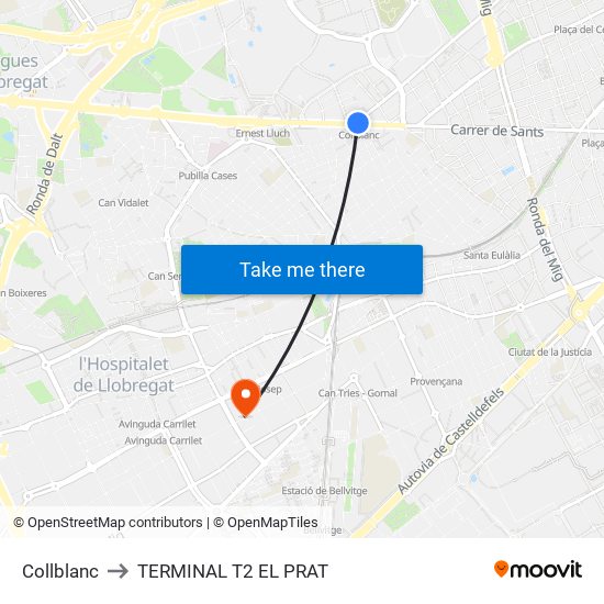 Collblanc to TERMINAL T2 EL PRAT map