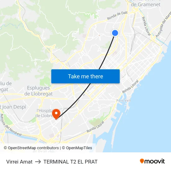 Virrei Amat to TERMINAL T2 EL PRAT map