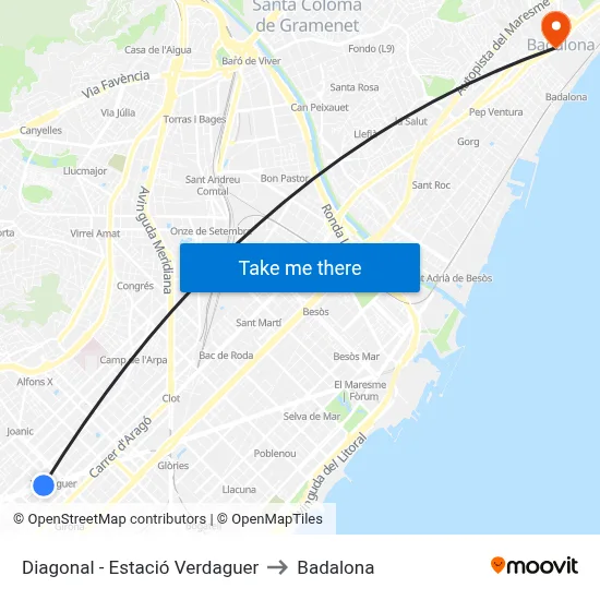 Diagonal - Estació Verdaguer to Badalona map