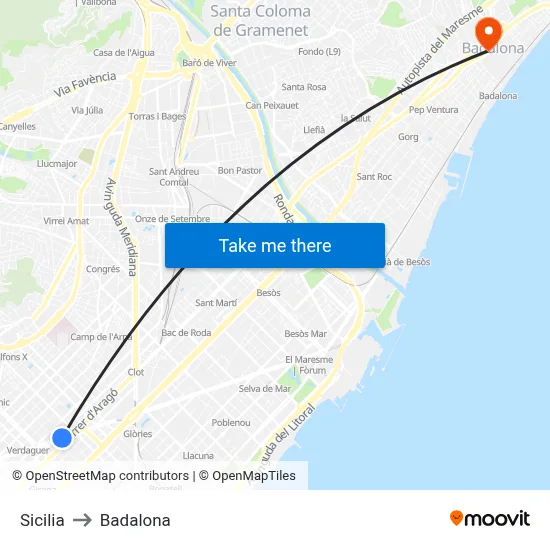 Sicilia to Badalona map
