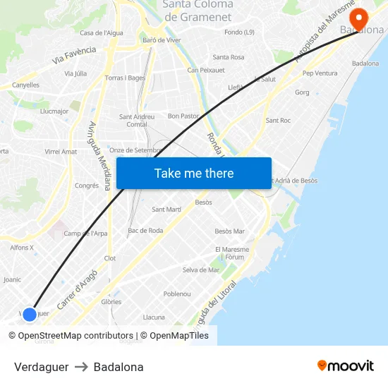 Verdaguer to Badalona map