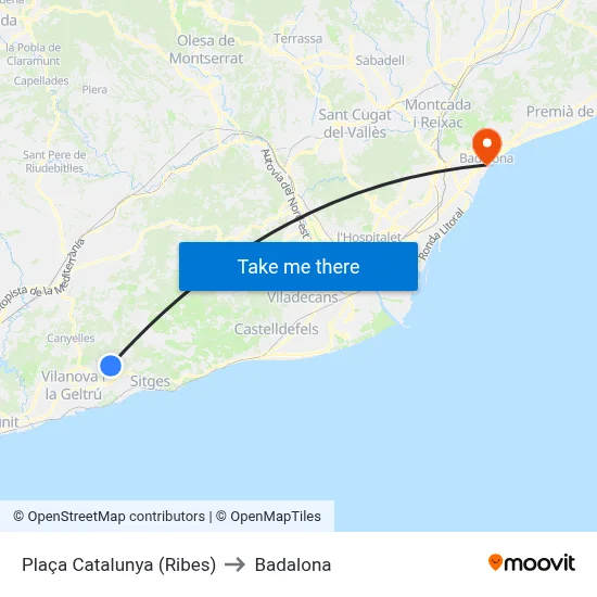Plaça Catalunya (Ribes) to Badalona map