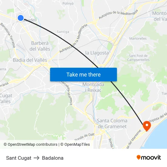 Sant Cugat to Badalona map