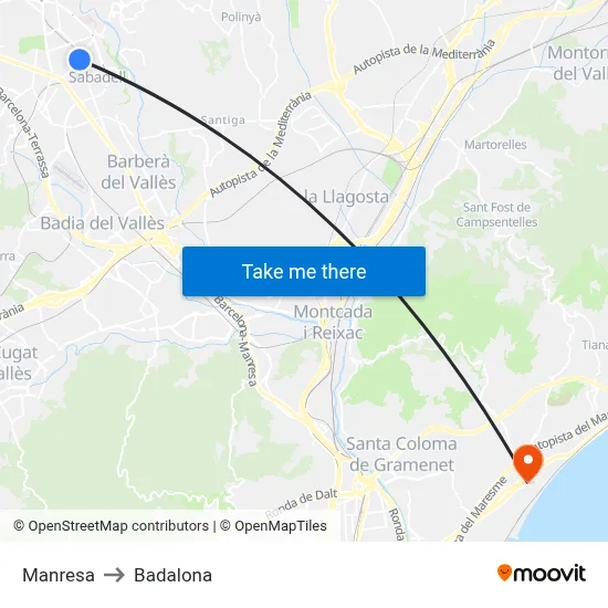 Manresa to Badalona map