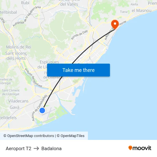 Aeroport T2 to Badalona map