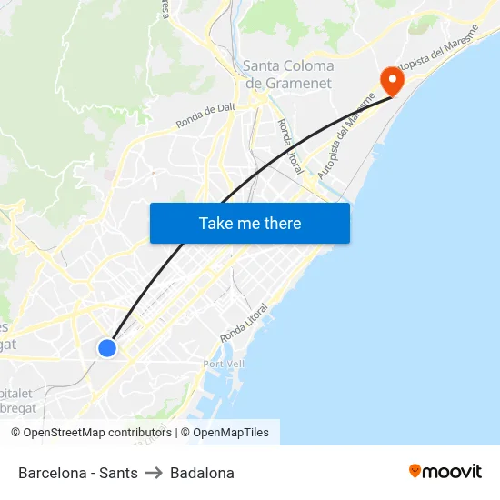 Barcelona - Sants to Badalona map