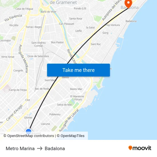 Metro Marina to Badalona map